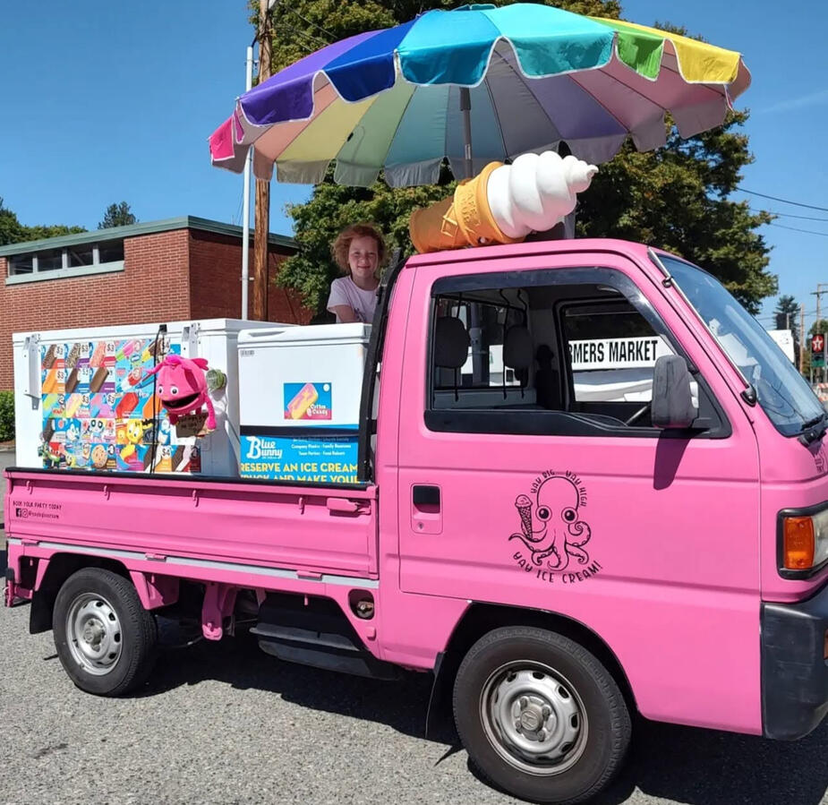 Pinky at the Snohomish farmers market Pinky, the pink Yay Big micro ice cream truck with the octopus logo on the door, parked at a farmers market in Snohomish County, WA